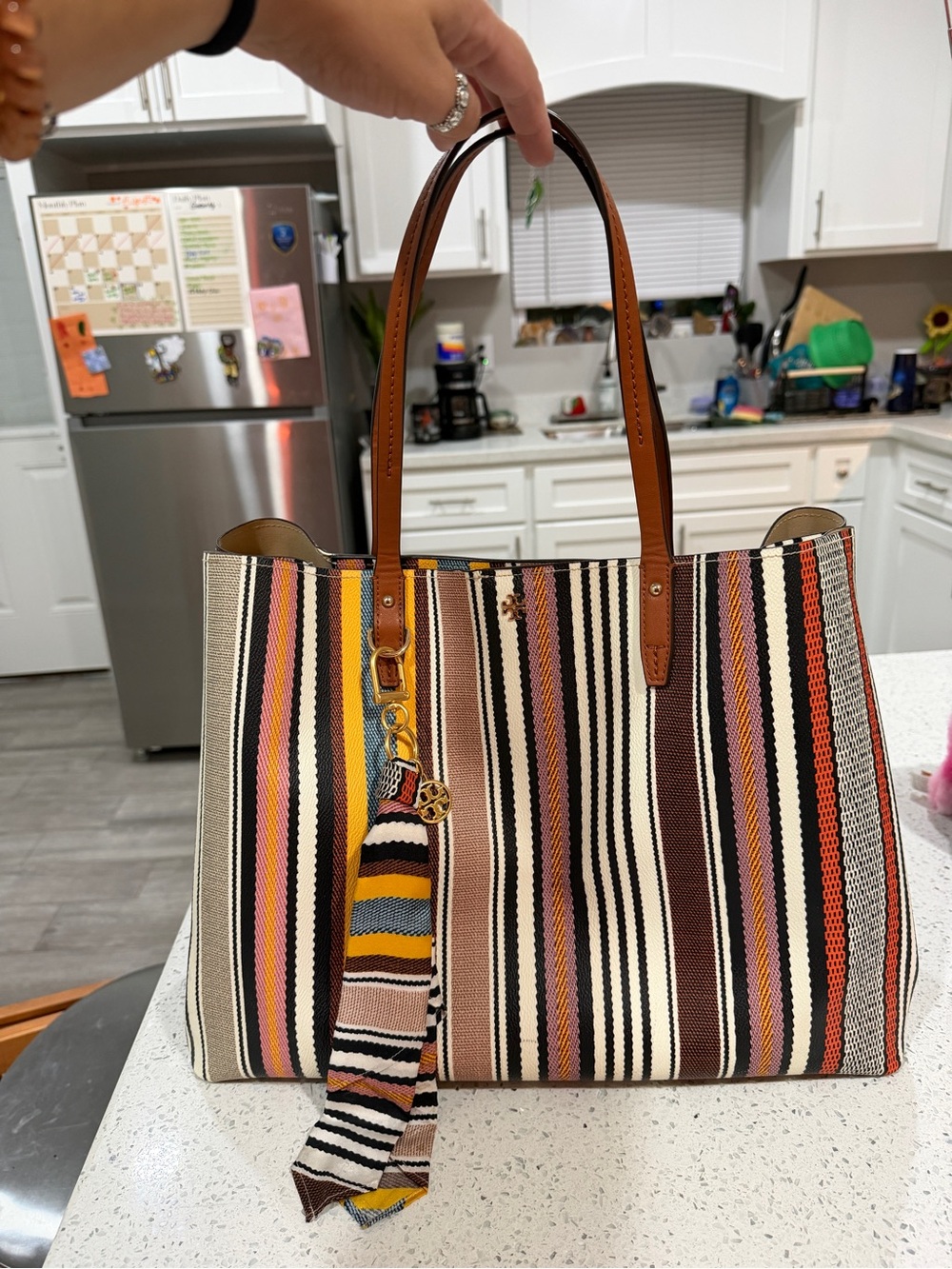 Tory Burch Multi-Striped Canvas Tote with Tan Leather Handles Large